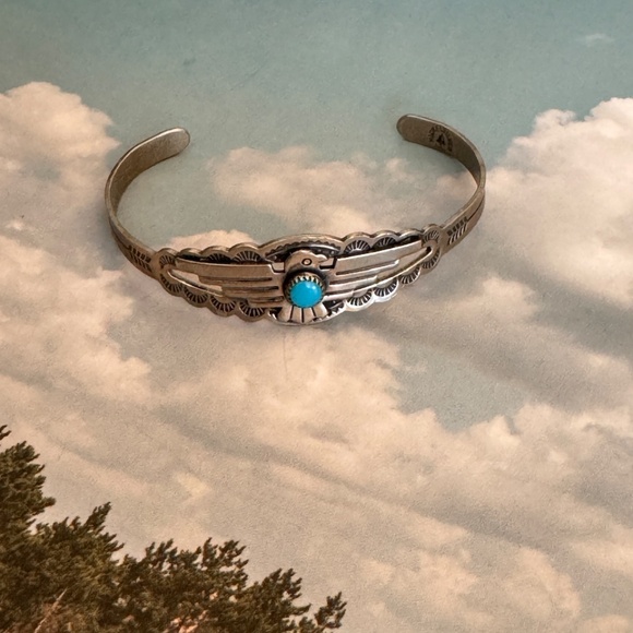 Vintage Bell Trading Post Nickel Silver Turquoise Thunderbird Bracelet Cuff - Picture 2 of 6